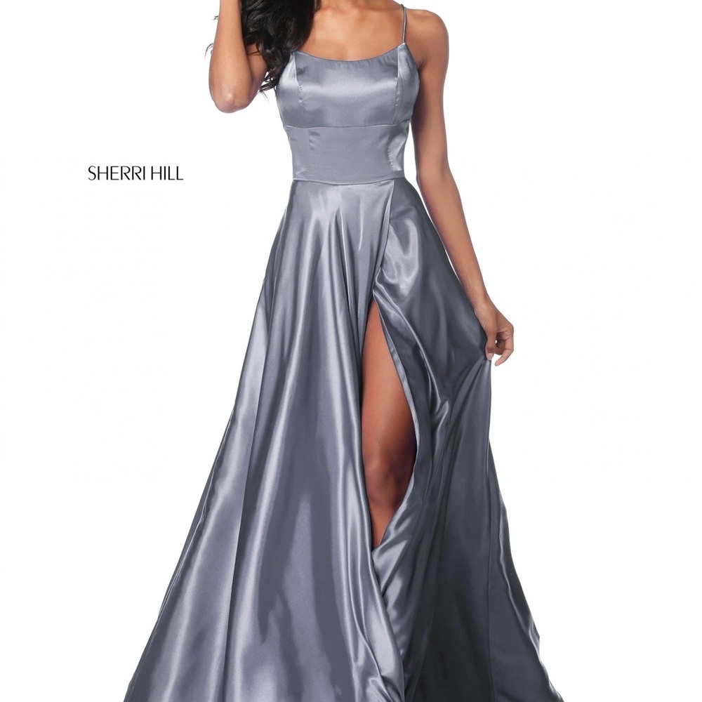 Sherri Hill Silver Satin Gown